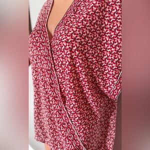 Max Studio Red Floral Wrap Blouse XL High Low Hem Gathered Sleeves